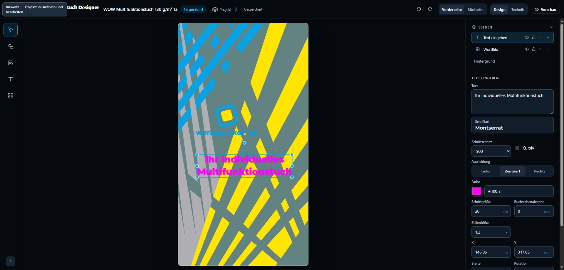 Logo, Text und Pattern positionieren und anpassen.